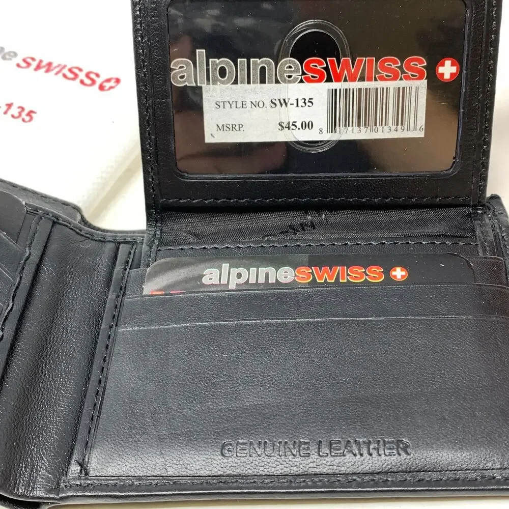 Alpine Swiss SW-135 Genuine Leather Bifold Wallet Black Men's New